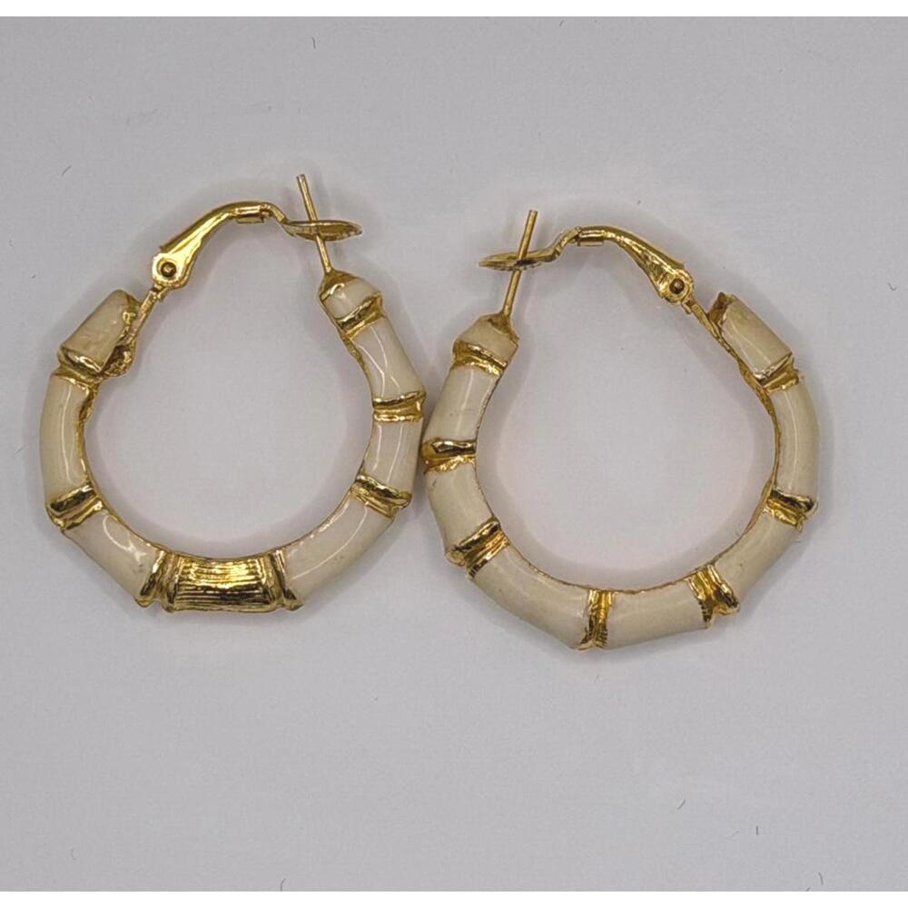 Gold and Cream Bamboo Style Hoop Enamel Earrings